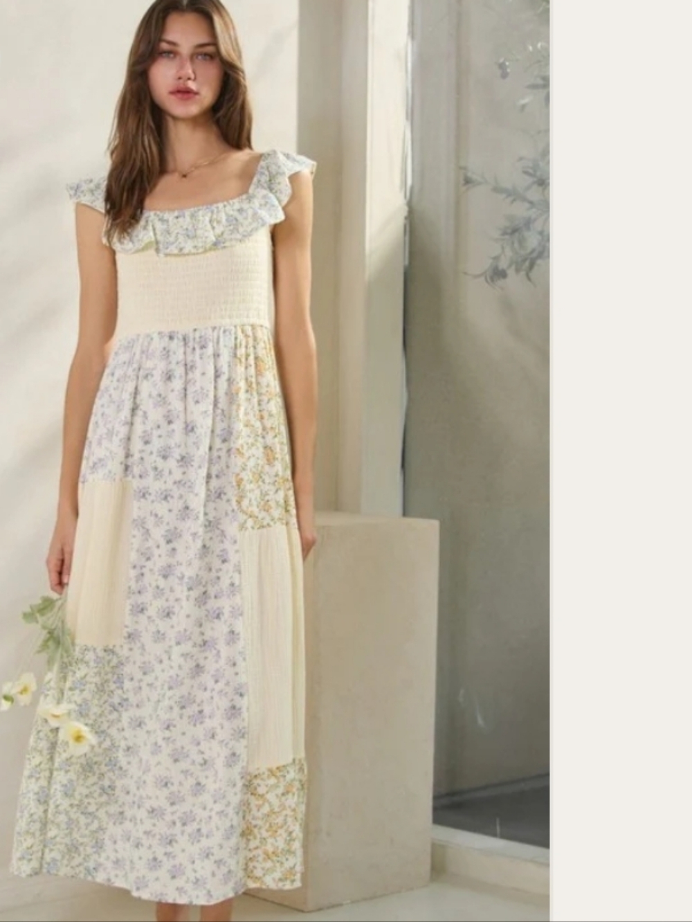 Oddi Delicate Dainty Print Cream Patchwork Floral Ruffle Maxi Dress Nwt Small - Picture 1 of 9